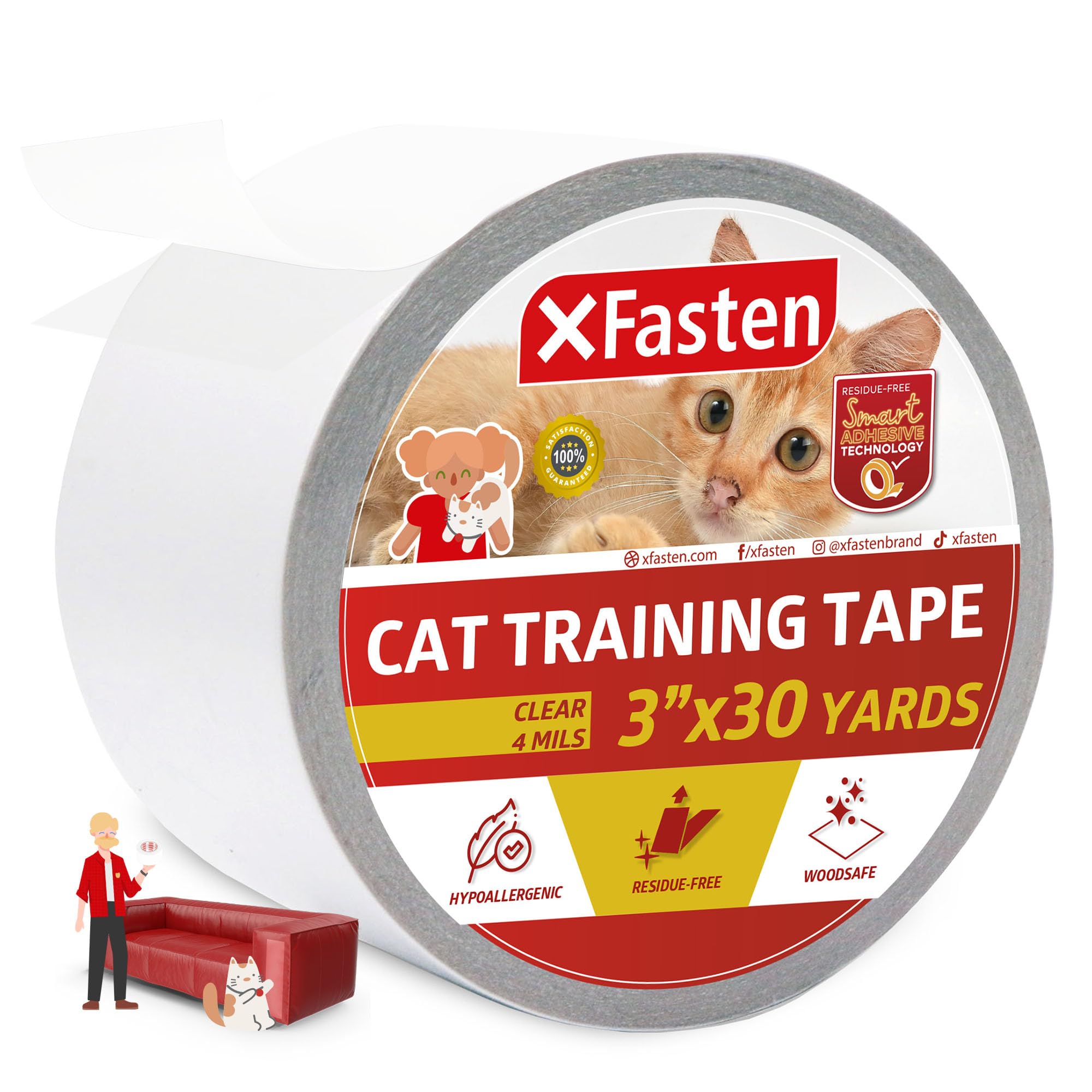 XFasten Anti-Scratch Cat Training Tape, 3-Inches x 30-Yards - Door, Couch, Furniture and Leather Scratch Guard Protector Tape For Cats and Pets