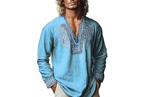 Xiaojmake Men's Henley Shirt Long Sleeve African Print Embroidered Gauze Shirts Casual V Neck Cotton Linen Beach Hippie Shirt