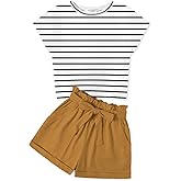 Arshiner Girls 2 Piece Outfit Summer Drop Shoulder Batwing Sleeve Tops and Paperbag Waist Shorts Set Cute Clothing Size 6-14