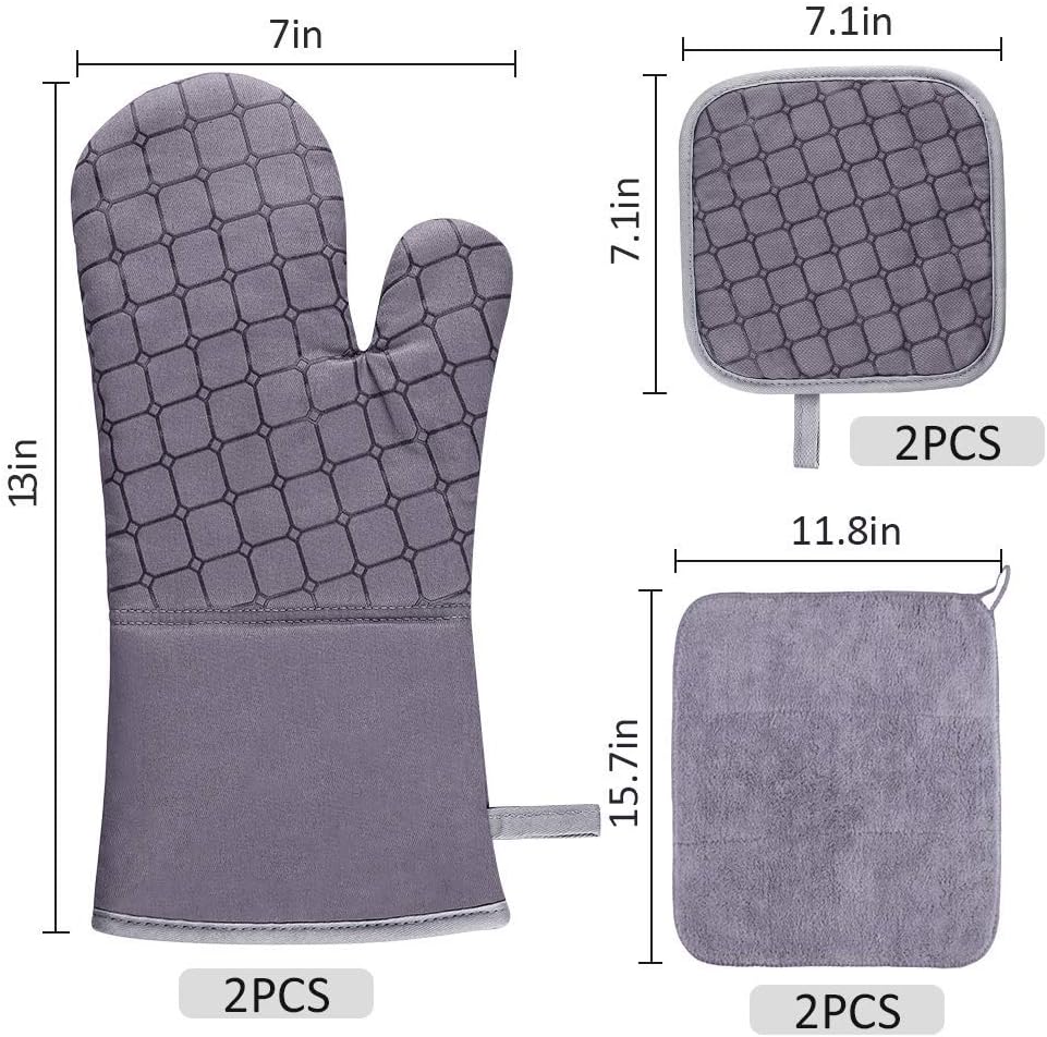 IXO 6Pcs Oven Mitts and Pot Holders, 500℉ Heat Resistant Oven Mitts with Kitchen Towels Soft Cotton Lining and Non-Slip Surface Safe for Baking, Cooking, BBQ: Home & Kitchen