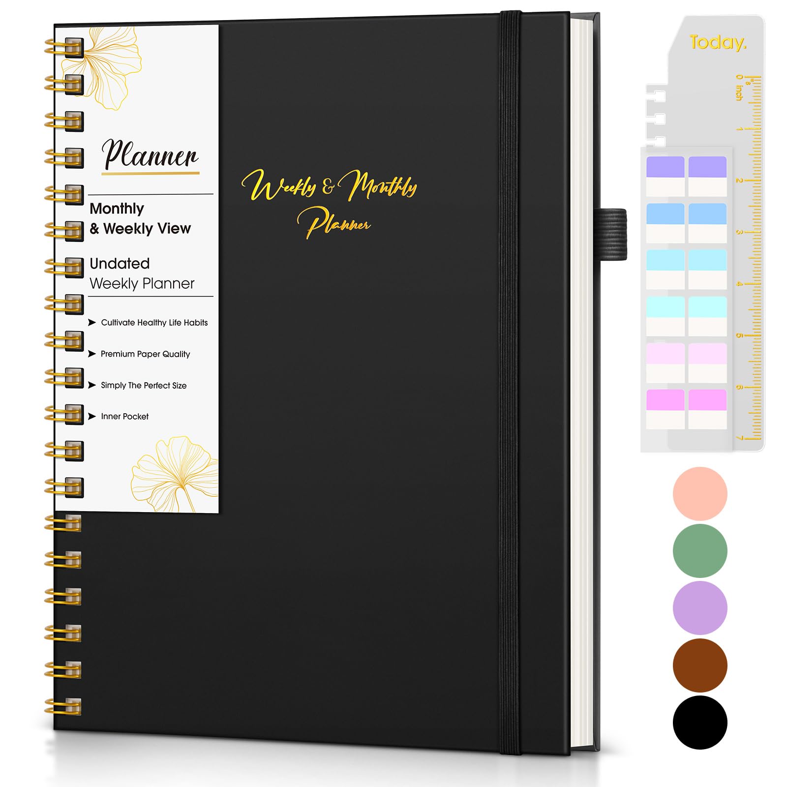 Photo 1 of Undated Weekly and Monthly Planner, B5 Large Weekly To Do List Notebook with Goal & Habit Tracker Organizer, Hardcover Spiral Bound Blank Monthly Planner for Work School Home 7.4" x 9.64" Black