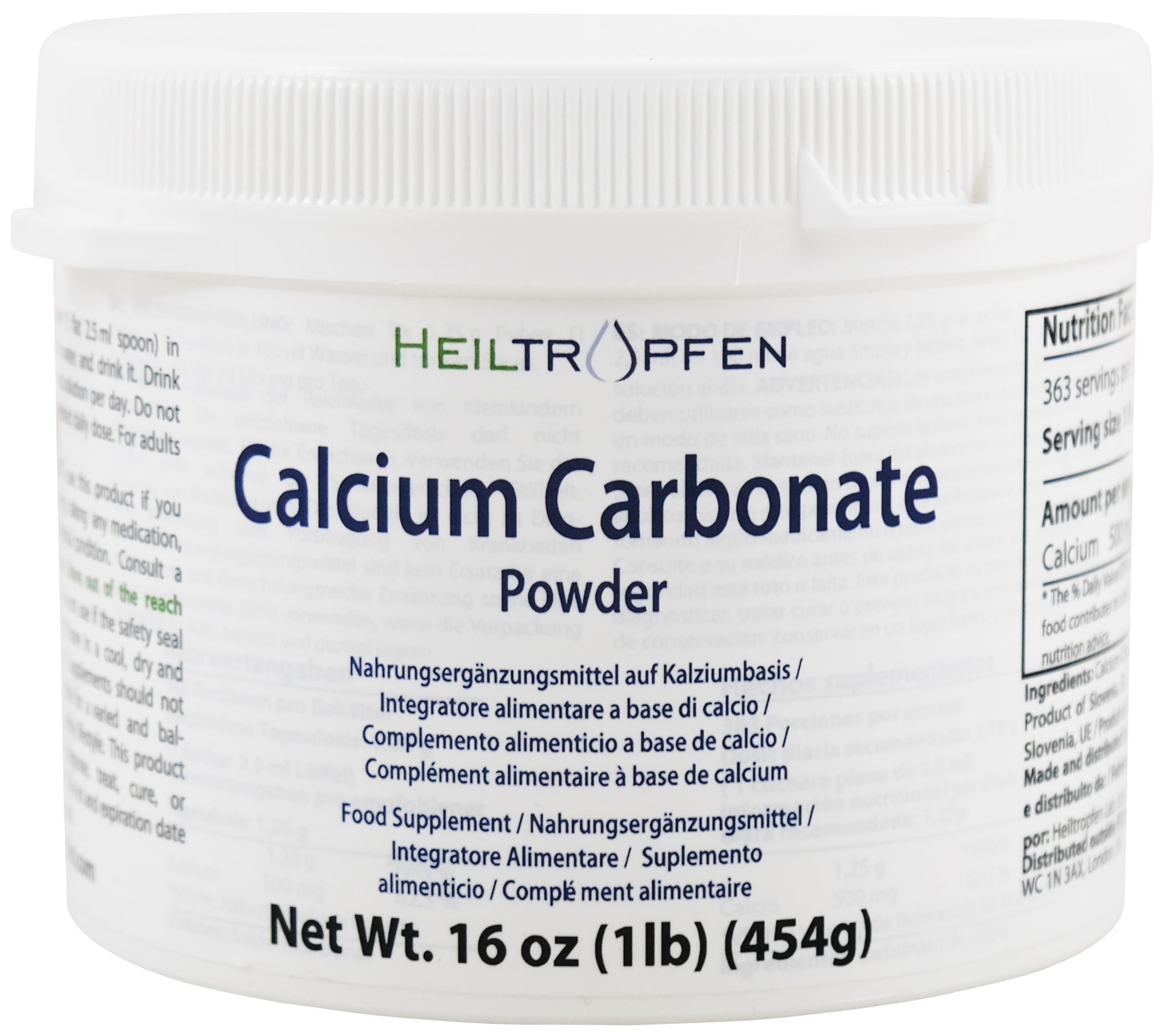 Calcium Carbonate Powder | 1 Pound - 454 g | Food Supplement | Highest Purity Limestone | Third-Party Tested | Heiltropfen®
