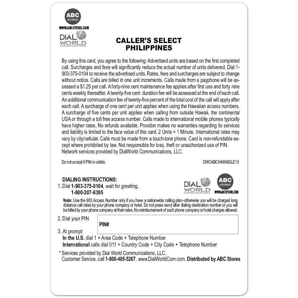Callers Select Philippines Phone International Calling Card - Up to 180 Minutes Over Mobile Provider, Pinless Dialing, Rechargeable, Guaranteed