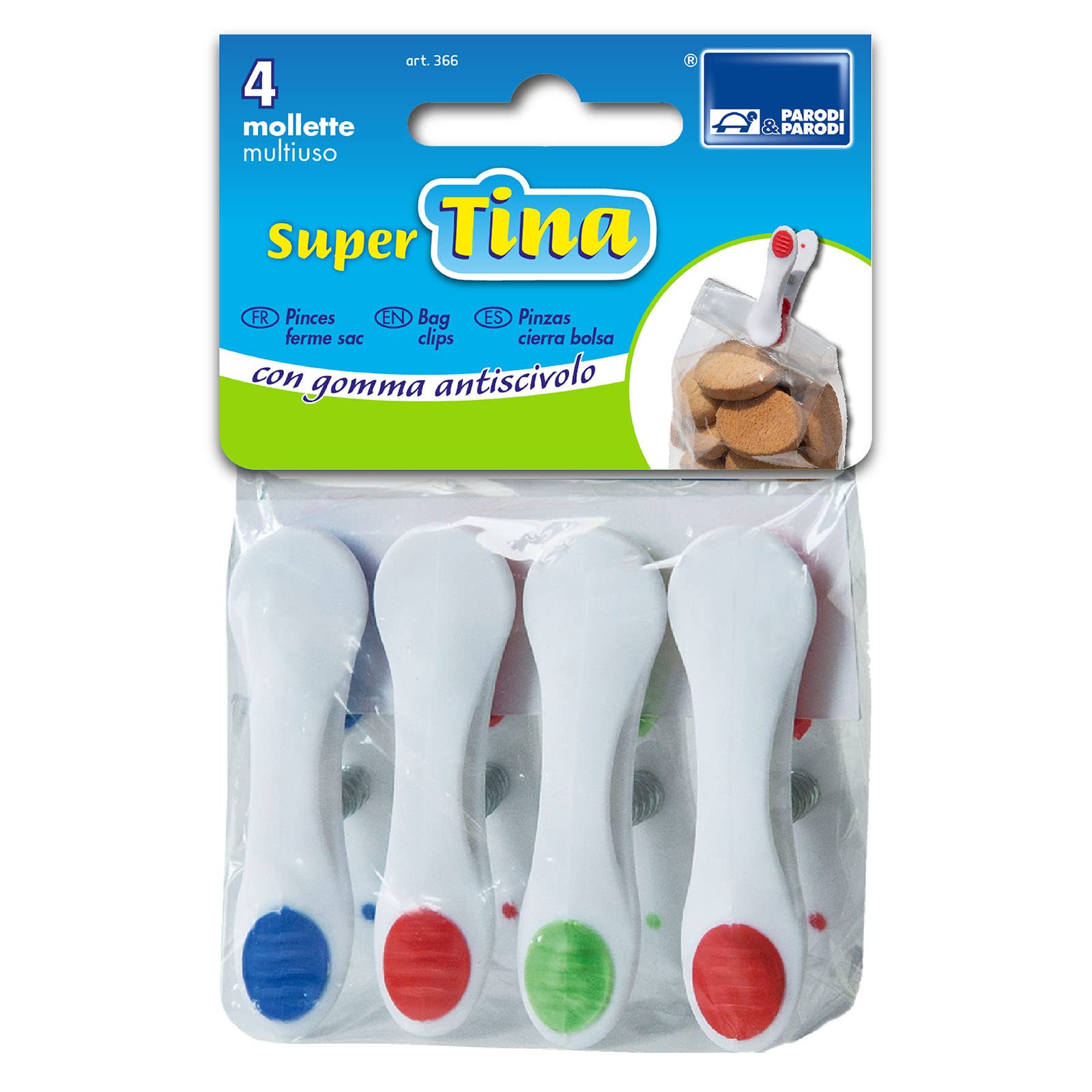 Set with 4 pegs with Non-Slip Rubber Super Tina, Set of 4 clothes pegs, pack, envelope Clips clips, Pegs Multi-Purpose Non-Slip Rubber, Art 366 Parodi