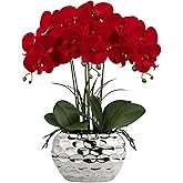 Briful Red Orchid Artificial Flowers 18" Large Silk Orchid with Silver Ceramic Pots Fake Orchid Arrangement for Home Office Bathroom Living Room Table Decoration