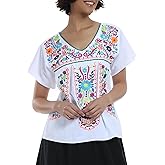 YZXDORWJ Women's Mexican V Neck Top Peasant Embroidered Blouse Traditional Summer Short Sleeve Shirt