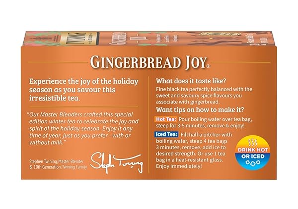 TWININGS GINGERBREAD JOY BLACK TEA INDIVIDUALLY WRAPPED BAGS, 20 COUNT (PACK OF 1), GINGER & CINNAMON, CAFFEINATED, ENJOY HOT OR ICED, 20 TEABAGS