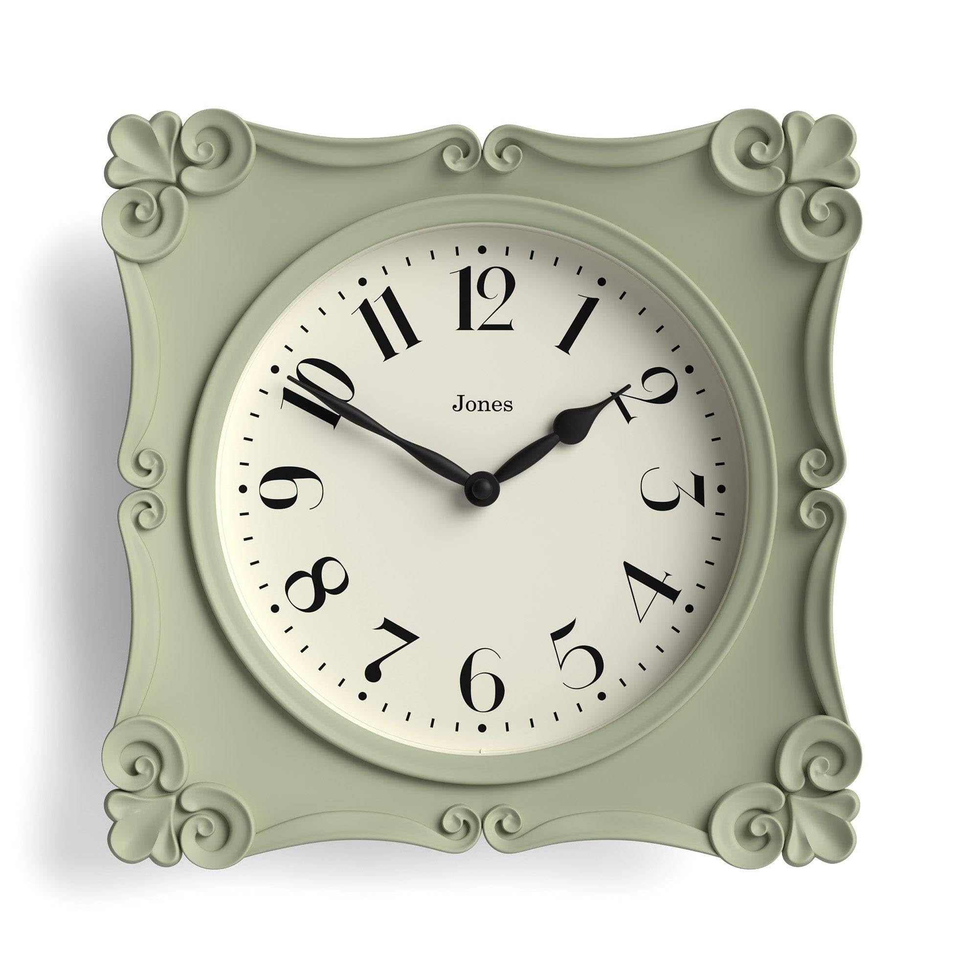 Jones Clocks® Rialto wall clock | Ornate vintage style square clock | 25cm | Sage green | Ideal for the living room or bedroom