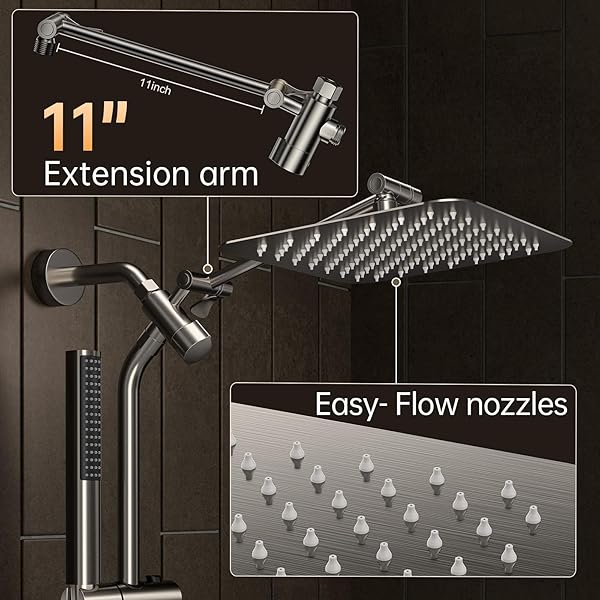 VEKEN BRUSHED NICKEL SHOWER HEAD, 10” ALL METAL RAIN SHOWER HEADS WITH HANDHELD SPRAY COMBO, HAND HELD BATHROOM COMBO WITH EXTENSION ARM, DUAL SHOWER WITH POWER WASH, ADJUSTABLE RAINFALL SHOWERHEAD