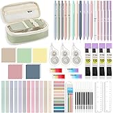 MoKo 60Pcs Aesthetic School Supplies with Cute Pencil Case (Green), 12 Pastel Highlighters, 5 Black Ink Gel Pens, 6 Mechanical Pencil Set 0.5 & 0.7 mm for Students Stationary College Essentials
