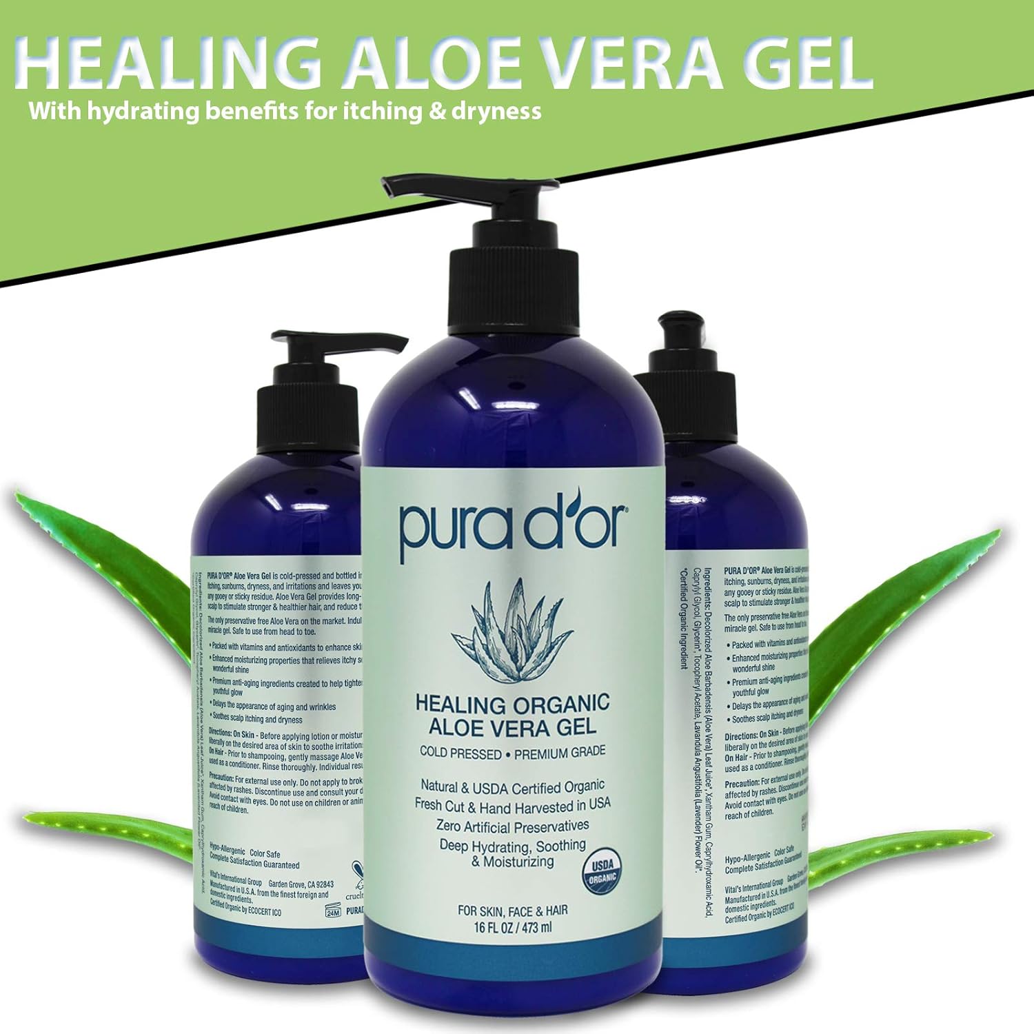 PURA D'OR Organic Aloe Vera Gel Original Lavender (16oz) USDA Certified - Deeply Hydrating, Moisturizing Skin & Hair - Sunburn, Bug Bites, Rashes, Small Cuts, Eczema Relief (Packaging may vary) : Beauty