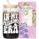 JEWNOLEE Gifts for Pregnant Women Iced Coffee Cup 16Oz Glass Coffee Cup with Gift Box Glass Cups With Lids and Straws for Mother Baby Shower Mommy To Be Expecting Mom
