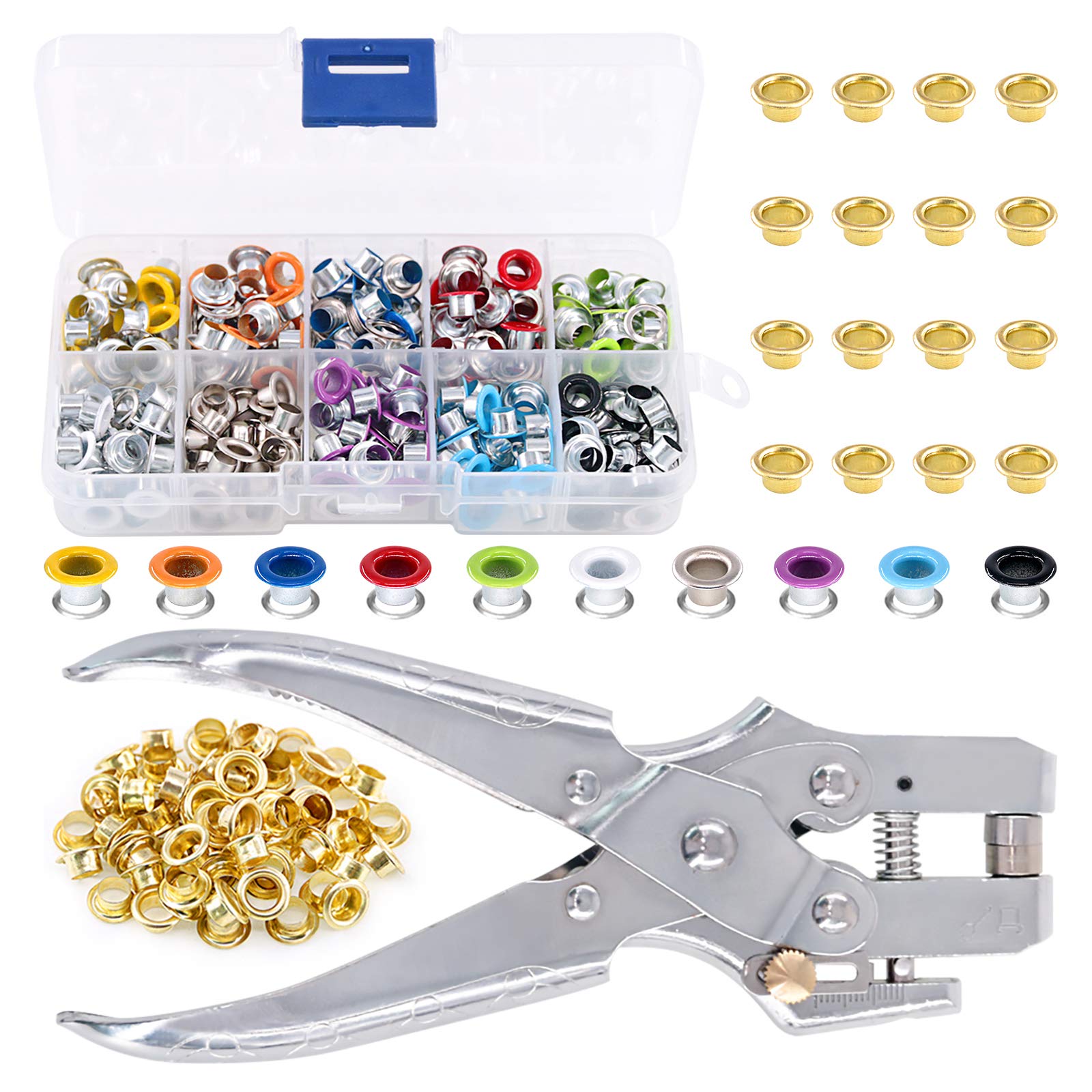 Swpeet S664 300Pcs 10 Colors 3/16 inch Metal Grommet Kit and Eyelet Hole Punch Pliers with 100Pcs Gold Grommets, Metal Eyelet Kits for Leather Fabric Belt Clothes