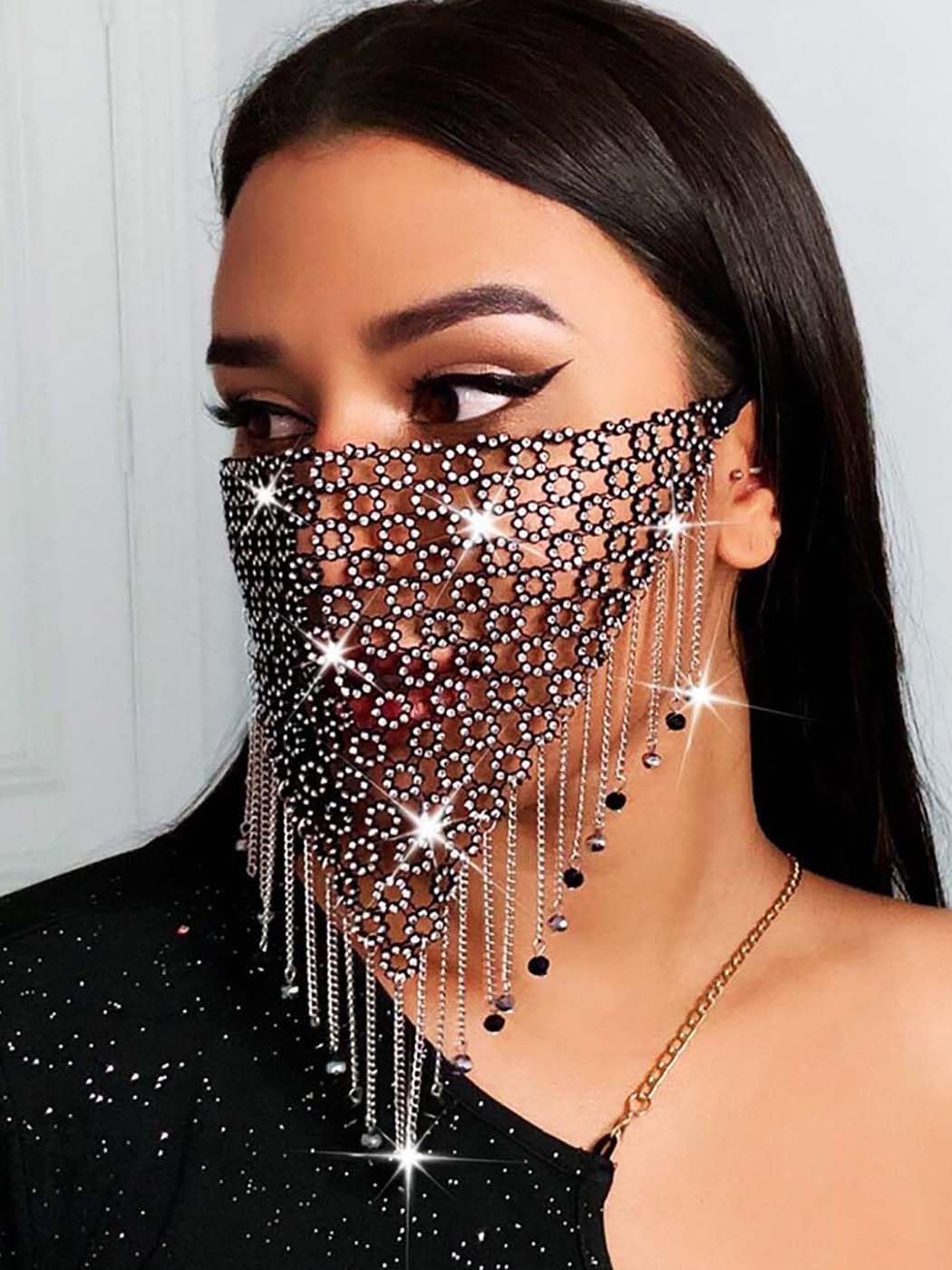 IYOU Bling Crystal Mesh Mask Black Tassel Face Chain Masquerade Masks Parties Ball Costumes Belly Dance Stage Venetian Mardi Gras Dress Masks Jewelry for Women