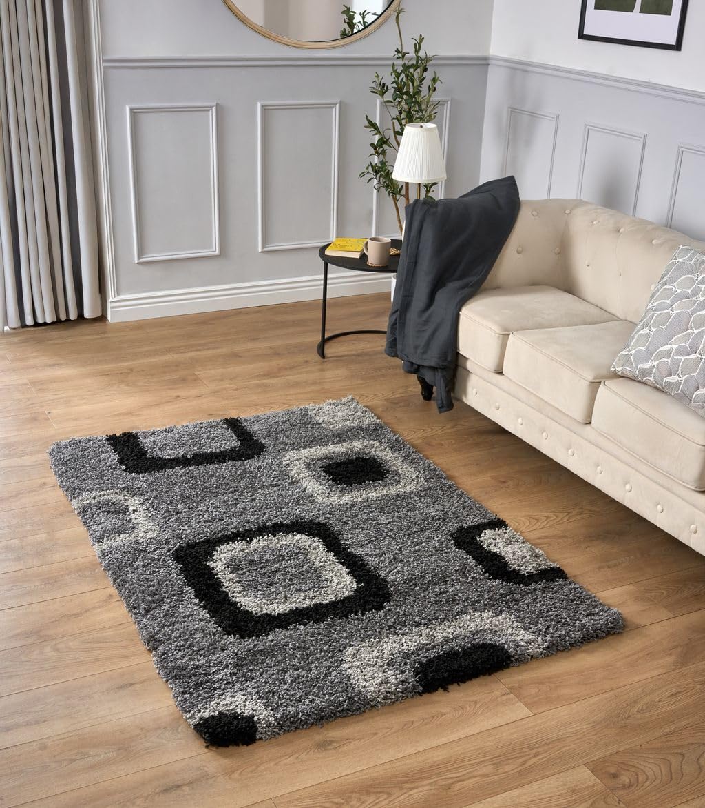 Bravich RugMasters Extra Large Grey Black and Ivory Cube Boxed Pattern Geometric Square Design Mix Super Soft High Deep Pile Luxury Shaggy Area Rug/Living Room Rug Carpet 200 x 290 cm (6'7" x 9'6)