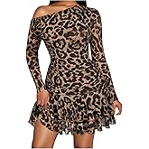 GORGLITTER Women's Leopard Print Y2k Layered Ruffle Dress Cheetah Asymmetrical Neck Long Sleeve Dresses