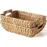 2 Pack Wicker Storage Baskets with Wooden Handles, Large Water Hyacinth Basket for Organizing Shelves, Natural Woven Storage Baskets for Snack, Gift
