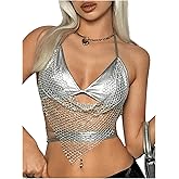 MakeMeChic Women's Glitter Sequin Fishnet Halter Tops Y2K Criss Cross Tie Back Crop Party Club Festival Rave Top