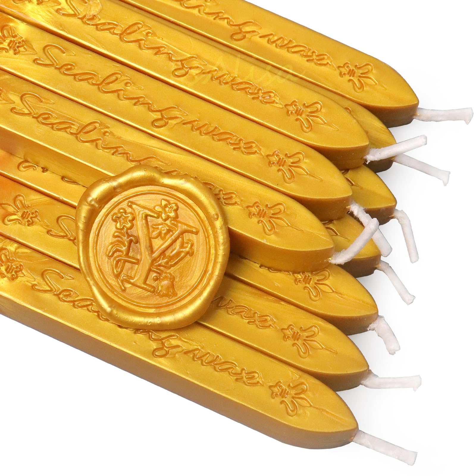 fsalisa Gold Wax Seal Sticks with Wick, 10Pcs for Decorative Wedding Invitations, Cards, Envelopes, Gift Packages