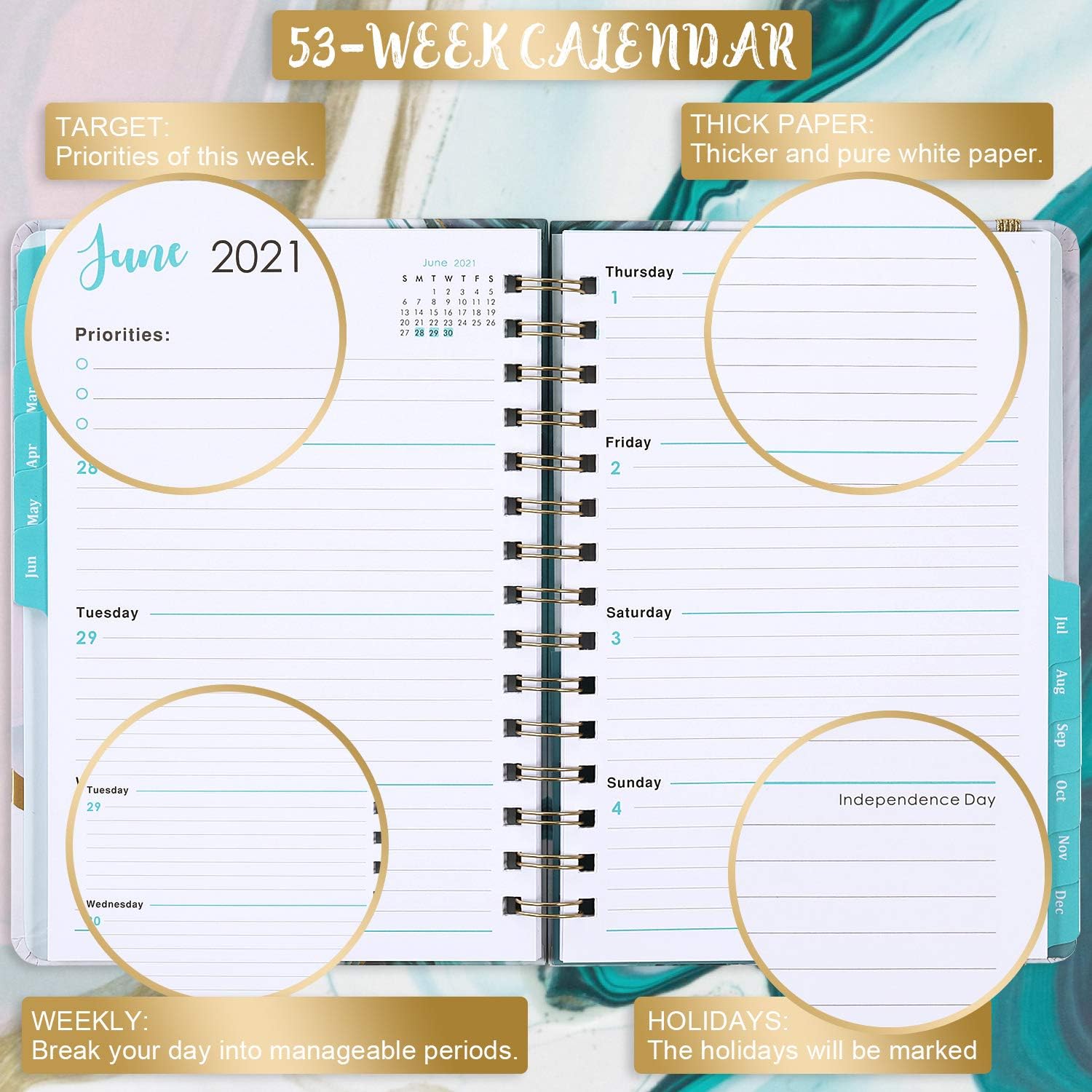 Planner 2021 - Weekly & Monthly Planner with Tabs, 6.5" x 8.5", Hardcover with Thick Paper + Back Pocket + Banded, Twin-Wire Binding - Sea Blue : Office Products