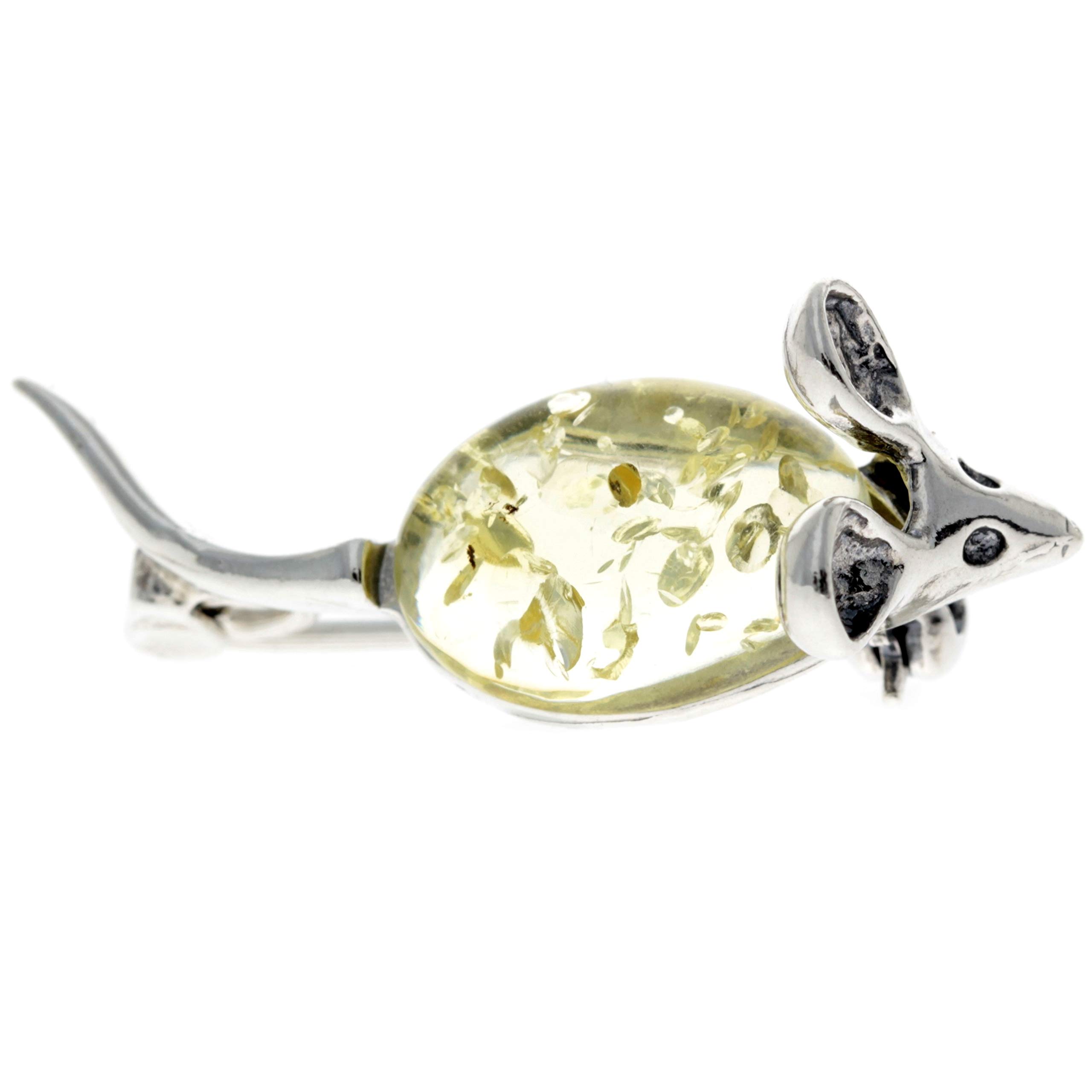 925 Sterling Silver & Genuine Honey Baltic Amber Jewellery - Mouse Brooch 4107L