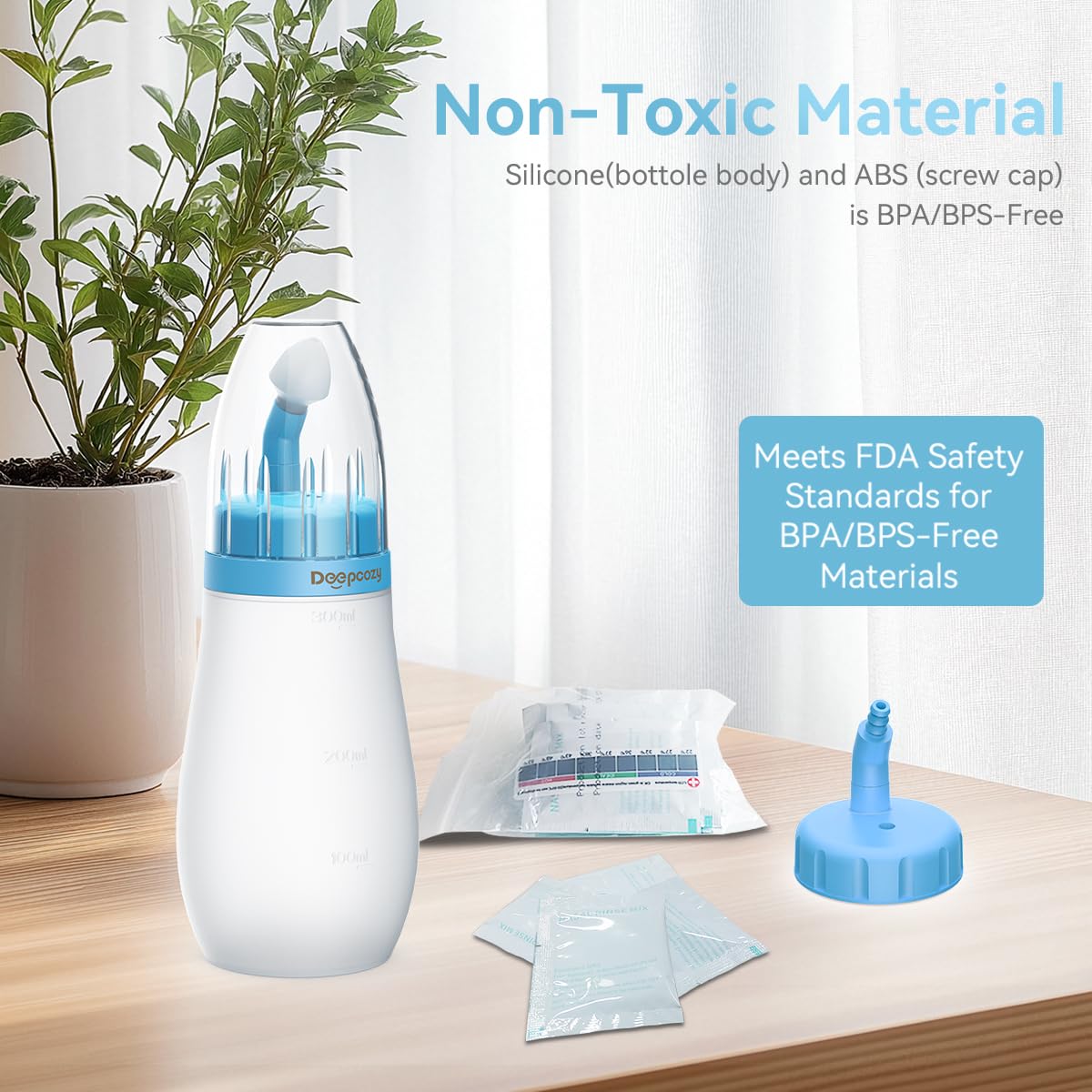 Neti Pot Sinus Rinse, Soft Tip Silicone Netting Pot for Sinus Squeeze Bottle, Nose Wash Cleaner Pressure Rinse with Sticker Thermometer for Adult & Kid 300ml with 30 Saline Packets（Blue）