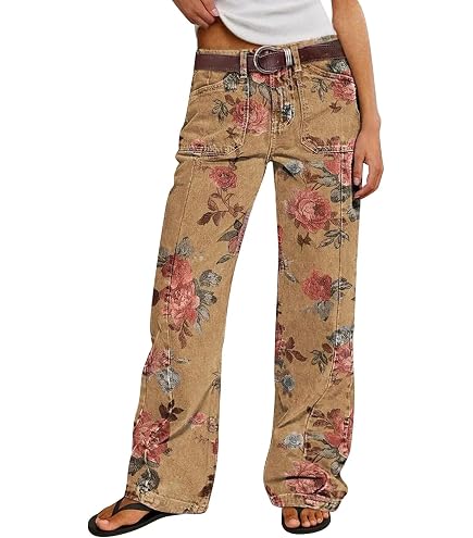 Flamingals Straight Leg Vintage Floral Embroidery Pants for Women