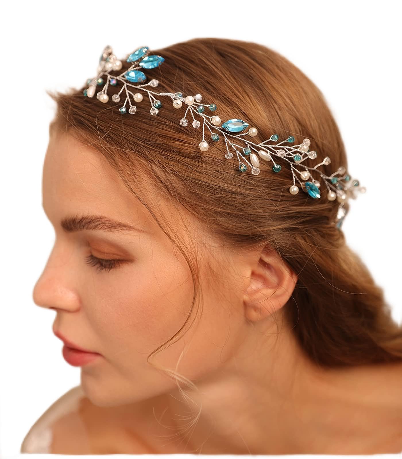 BERYUAN Women Pearl Wreath Light Blue Crystal Hair Vine Rhinestone Wedding Hair Accessory Headpiece for Bride Bridesmaid