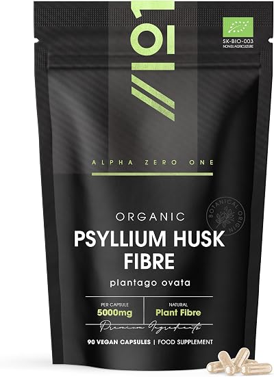 ALPHA01 Organic Psyllium Husk 5000mg 90 Vegan Capsules Prebiotic Fibre