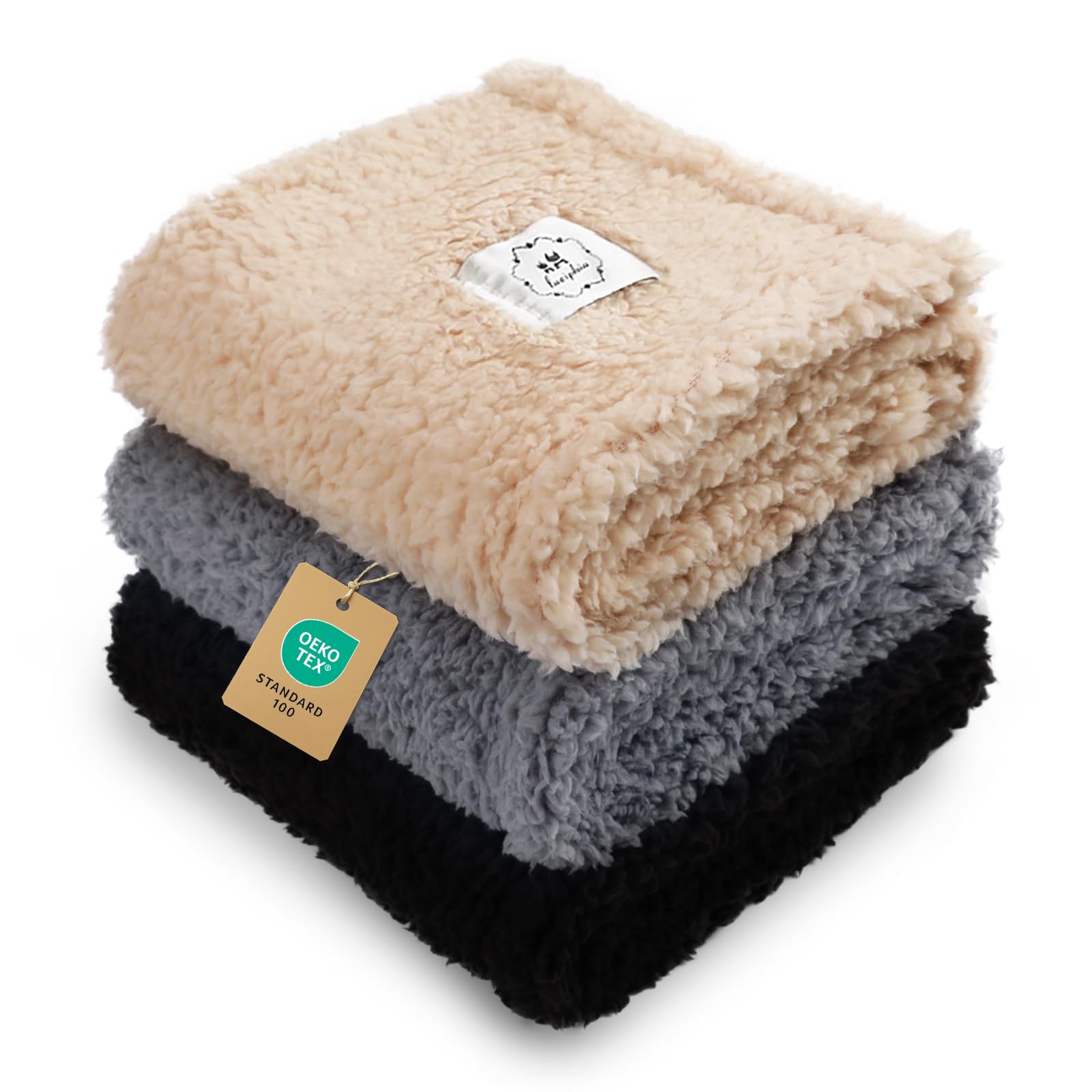 Photo 1 of 1 Pack 3 Calming Blankets Fluffy Premium Fleece Pet Blanket Soft Sherpa Throw for Dog Puppy Cat Beige/Black/Grey Medium (30" x20'')