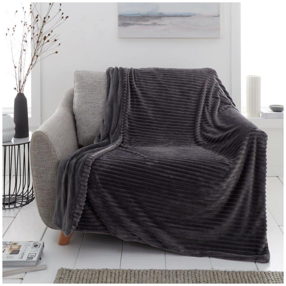 GC GAVENO CAVAILIA Blanket Throw, Extra Soft & Fluffy Throws Sofa Bed, Thermal Chunky Rib For Couch Arm Chair 130X180, Charcoal, 727828