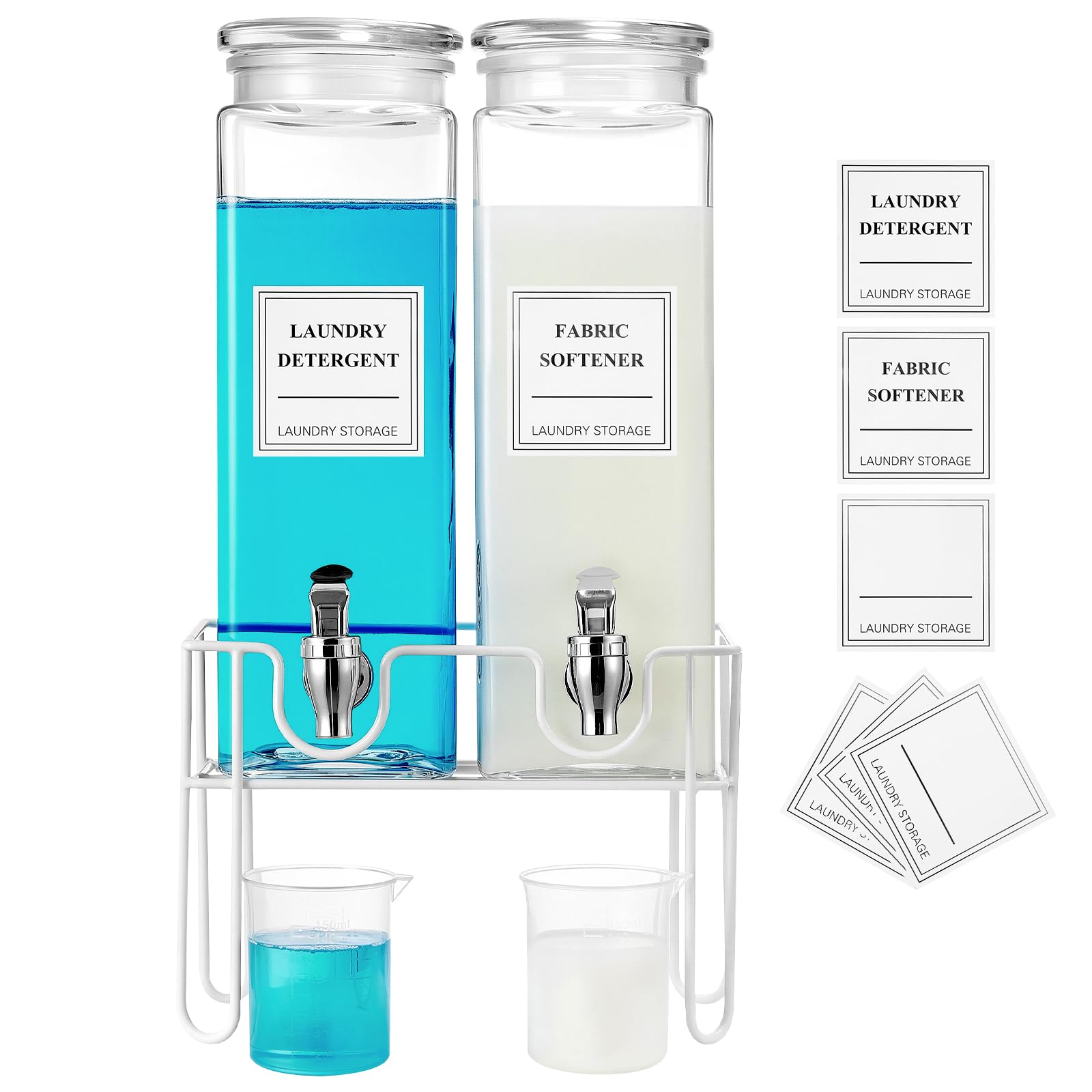 Photo 1 of 2 Pack Glass Laundry Detergent Dispenser with Stand, Laundry Soap & Fabric Softener Dispenser for Laundry Room Organization and Storage, 76oz Laundry Liquid Containers with Labels, Measuring Cups