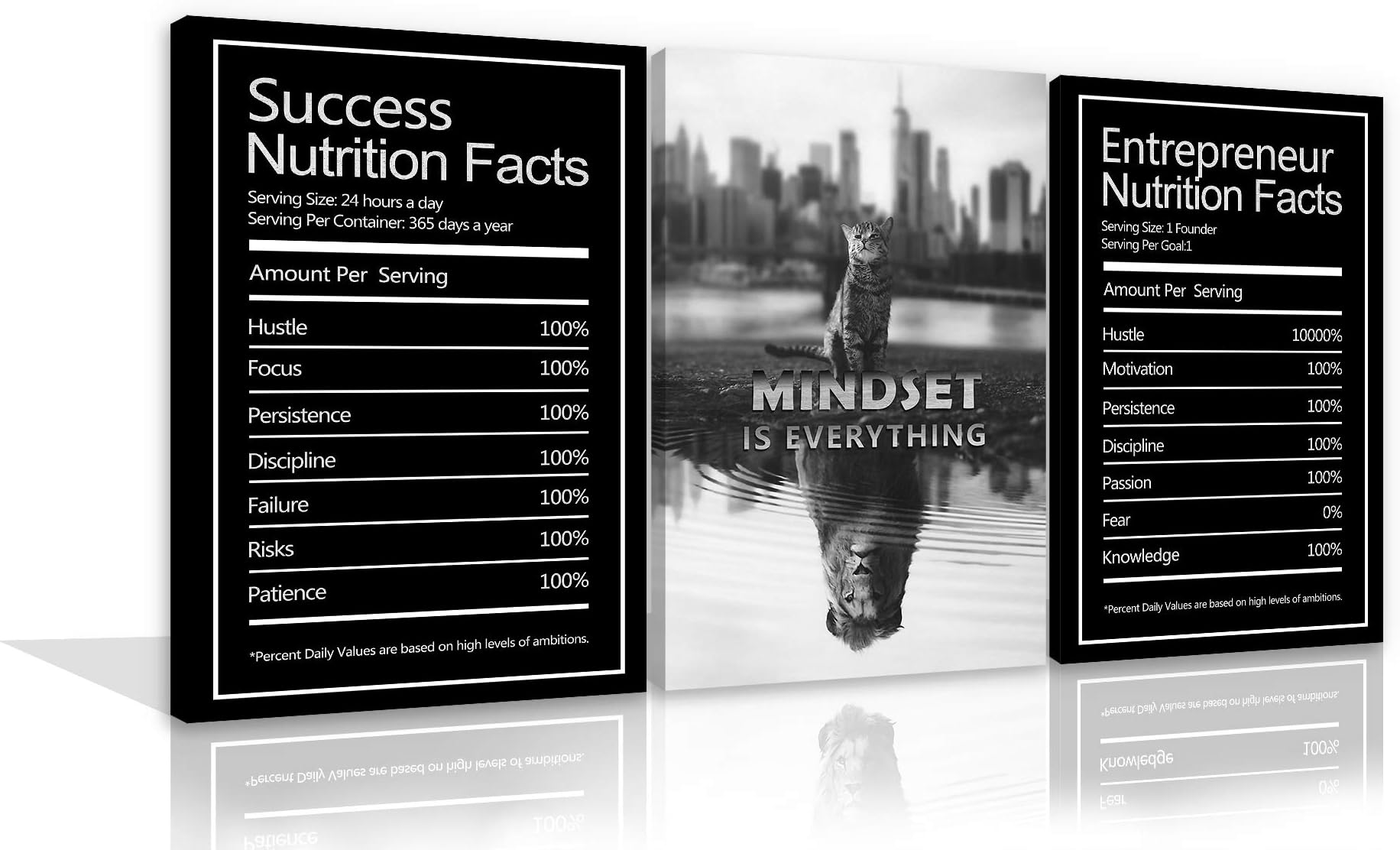 3 Pieces Mindset is Everything Motivational Wall Art Canvas Prints Inspiring Prints Inspirational Success Nutrition Facts Entrepreneur Quotes Wall Decor for Office Home Framed Ready to Hang