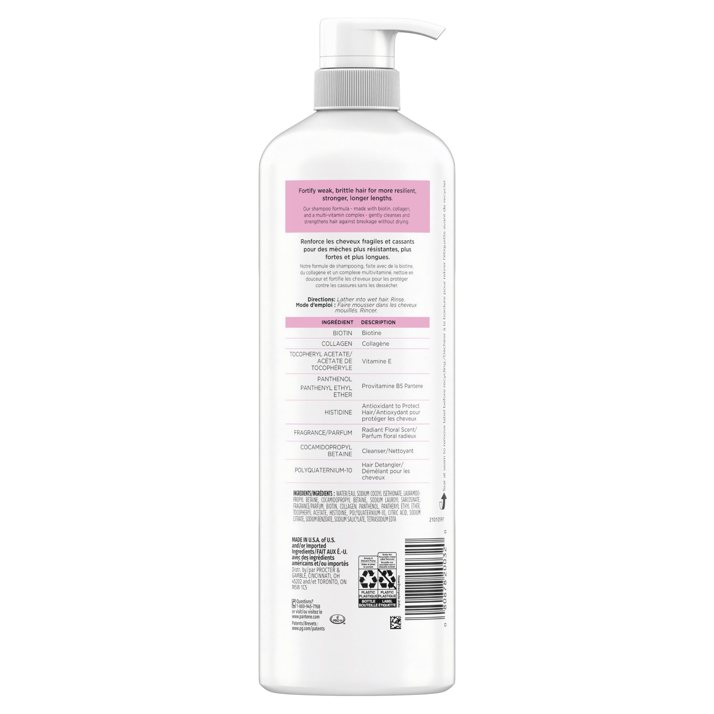 Pantene Infinite Lengths Shampoo, Sulfate Free with Biotin + Collagen, Strengthens Brittle Hair, Up to 90% Less Breakage, Safe for Color Treated Hair, Pro-V Miracles, Floral Scent, 30 Fl Oz