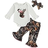 Fuethsuy Newborn Baby Girl Hunting Clothes Deer Long Sleeve Romper Jungle Camo Flare Pants Set 3 Piece Fall Winter Outfit