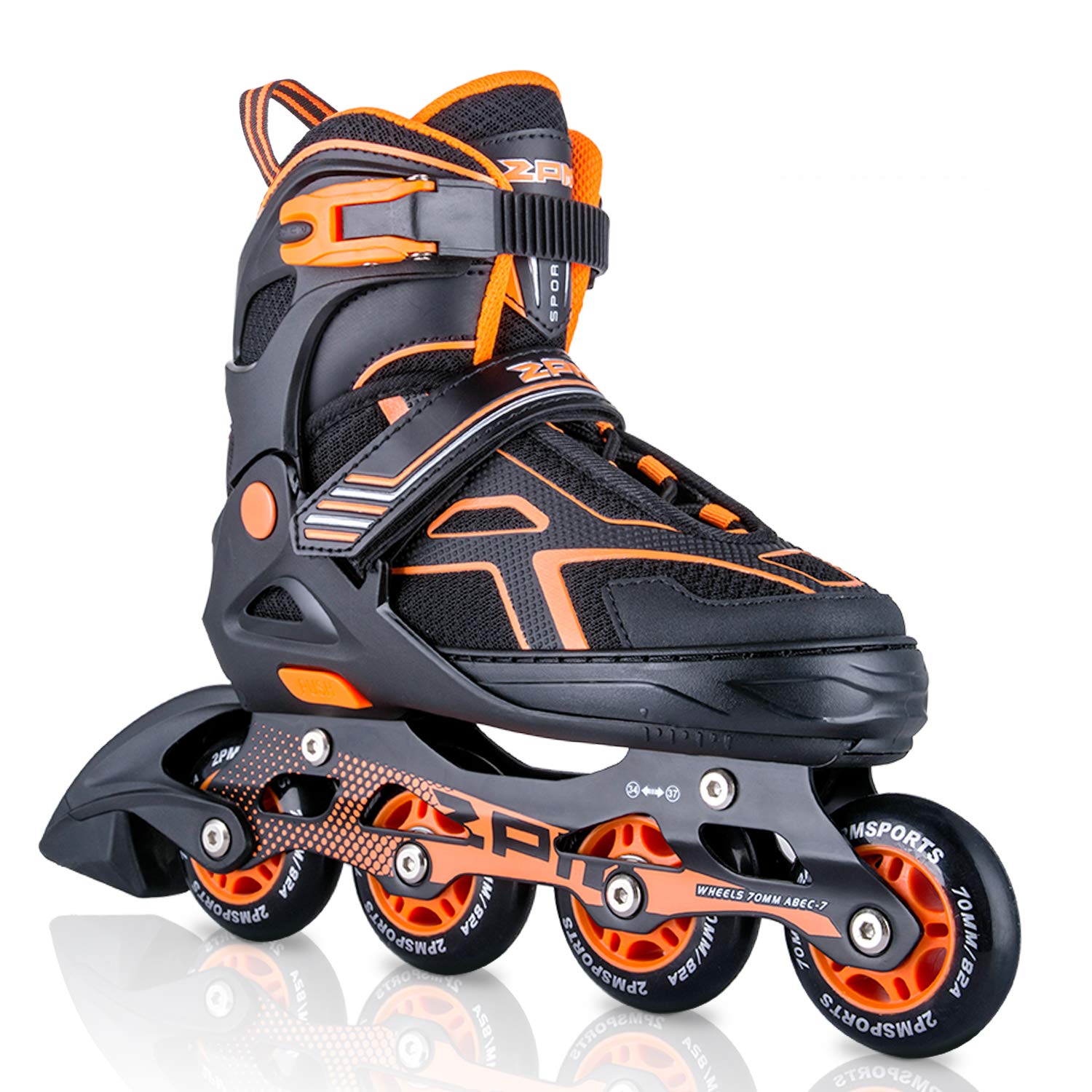 2PM SPORTS Torinx Green Boys Adjustable Inline Skates, Fun Beginner Roller Skates for Kids, Youth, Girls, Men and Women (Orange, Large - Youth (4-7 US)) Image