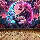 JAWO Tree Life Tapestry Aesthetic, Colorful Pink Flowers Sun and Moon Art Tapestry Wall Hanging for Girls Bedroom, Cool Nature Galaxy Yin Yang Anime Tapestries Poster of Dorm Home Decor 60X40 Inches