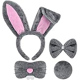 Mototo 4 PCS Easter Bunny Ears Costume Accessories Plush Bunny Ears Headband and Tail Set Rabbit Nose Bow Tie for Adult Girl Boy Halloween Cosplay Birthday Performance School Stage, Gray