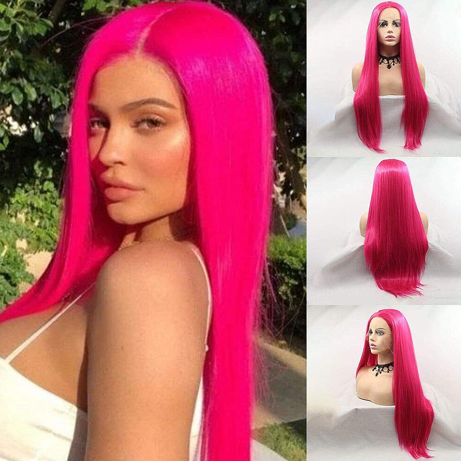 Rose Red Wig Long Synthetic Lace Front Wigs for Women Dark Pink Lace Front Wig with Middle Part Glueless Heat Resistant Fiber Hair Replacement Cheap Wig Red Wigs for Women