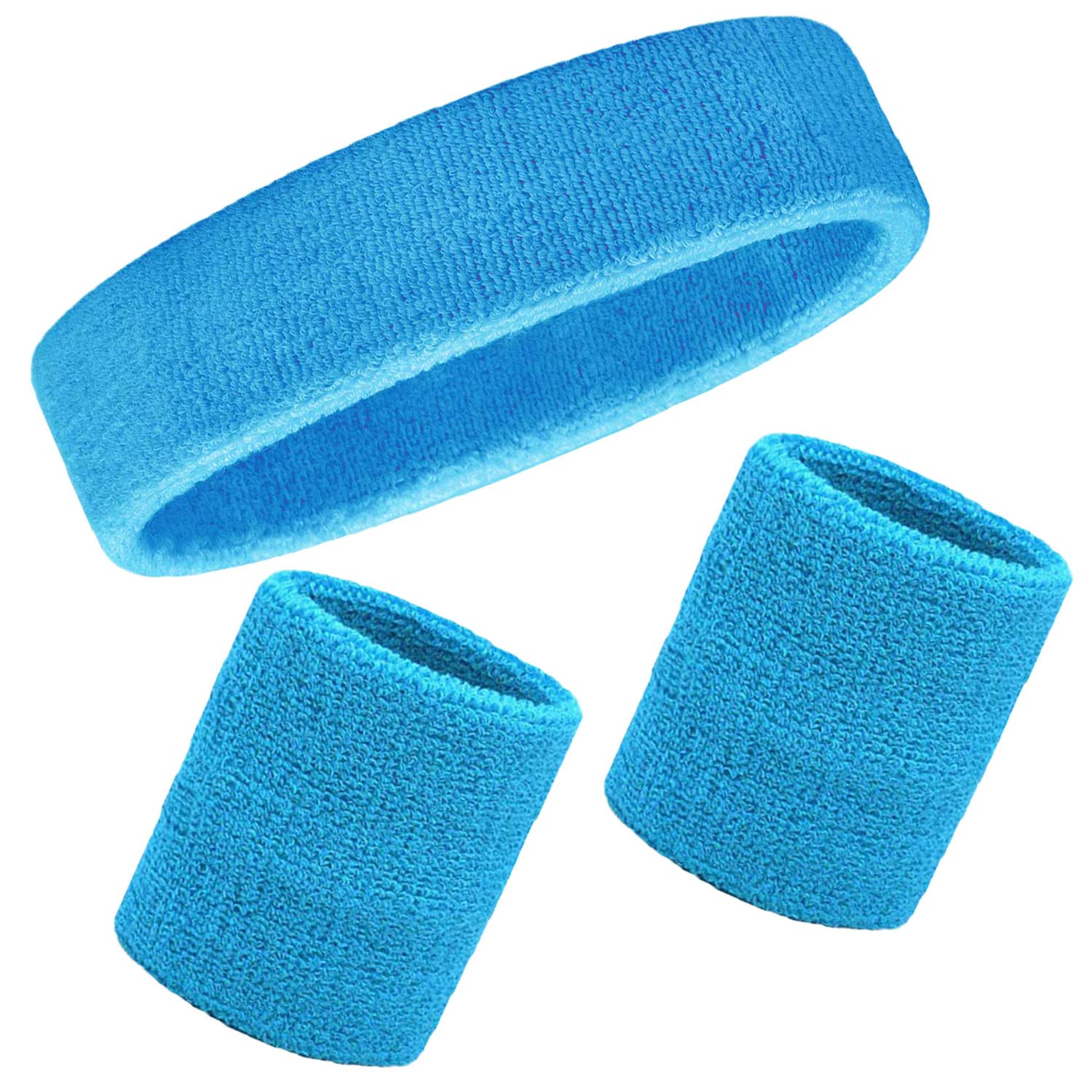Sweatband Set Wristbands Headbands 3 Pieces Wrist Men Women Sweat Bands for Running Exercise Gym Sports Tennis Basketball Moisture Wicking (3PCS-Blue)