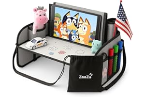 ZEAZU Kids Travel Tray - Foldable Toddler Lap Desk with Dry Erase Board, Car Seat Tray for Toddler, Waterproof Lap Tray for Airplane Kids Travel Essentials for Road Trip Activities, Silver