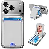 CORLAGOON Magnetic Phone Wallet With Makeup mirror ，4 Card Holder with Adjustable Stand,RFID-Blocking Magsafe Wallet for iPhone 16/15/14/13/12 Pro Max Series Cases(Gray)