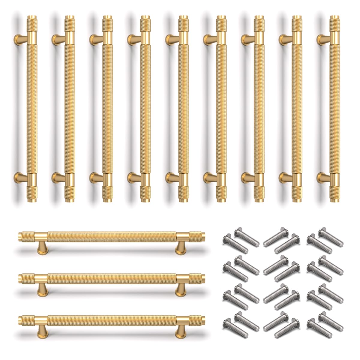 Bwintech 12 Pcs 218MM Gold Anodised Knurled Cabinet Handles,160MM Hole Centers Cupboard Knobs,Cupboard,Wardrobe,Drawer Handles