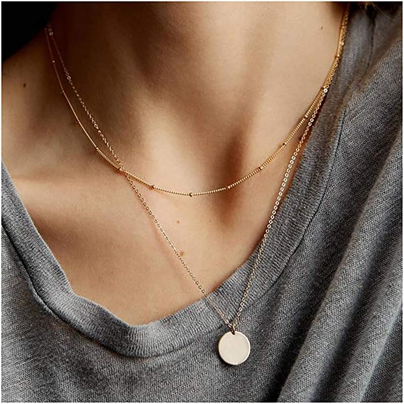Gold Layered Circle Neckalce 18K Gold Plated Dainty Circle Charm Handmade Necklace for Women