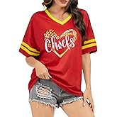 Oversized Football Shirts for Women Football Jersey Shirt Game Day T-Shirt Football Season Mesh V Neck Short Sleeve Tops