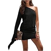 MakeMeChic Women's Party Bell Sleeve One Shoulder Dress Sequin Asymmetrical Bodycon Short Dresses