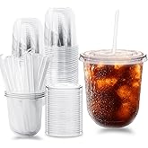 Alaeseje 50 Pack Clear Plastic Cups with Lids and Straws,12 oz Disposable Iced Coffee Cups,PET Crystal Cups,Round Bottom To Go Cup for Iced Coffee Juice Smoothie Cold Beverage