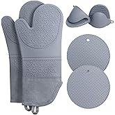 6PCS Silicone Oven Mitts and Pot Holders Sets for Kitchen, Extra Long Oven Mitts Heat Resistant, Non-Slip Oven Gloves with Hot Pads and Kitchen Mitts Set for Baking Cooking (Grey)