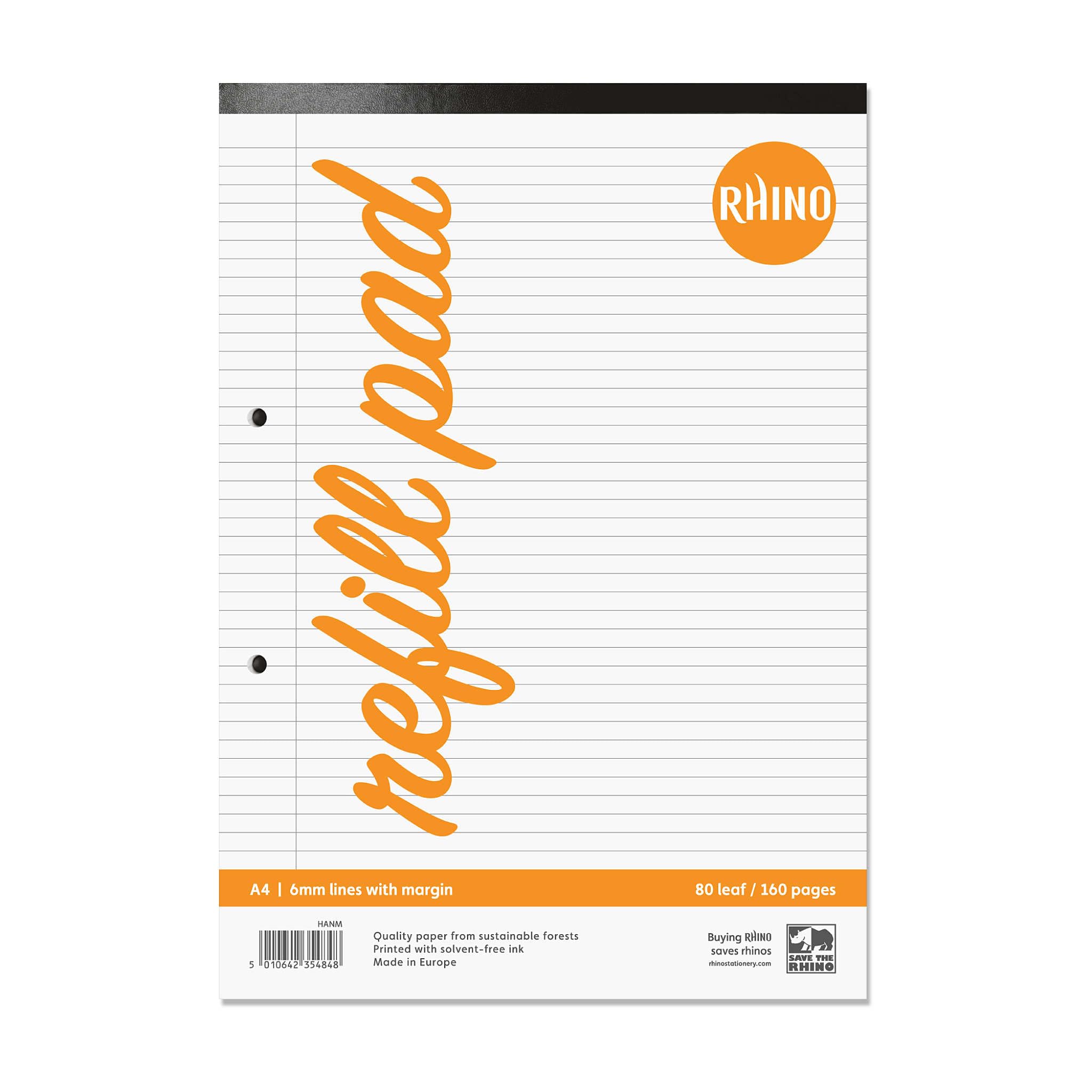 RHINO A4 Refill Pad, Writing Pad, 160 Page / 6mm Lined with Margin, 1 Pack, White Hole Punched Top Binding Writing Paper, Office & School Stationery Supplies