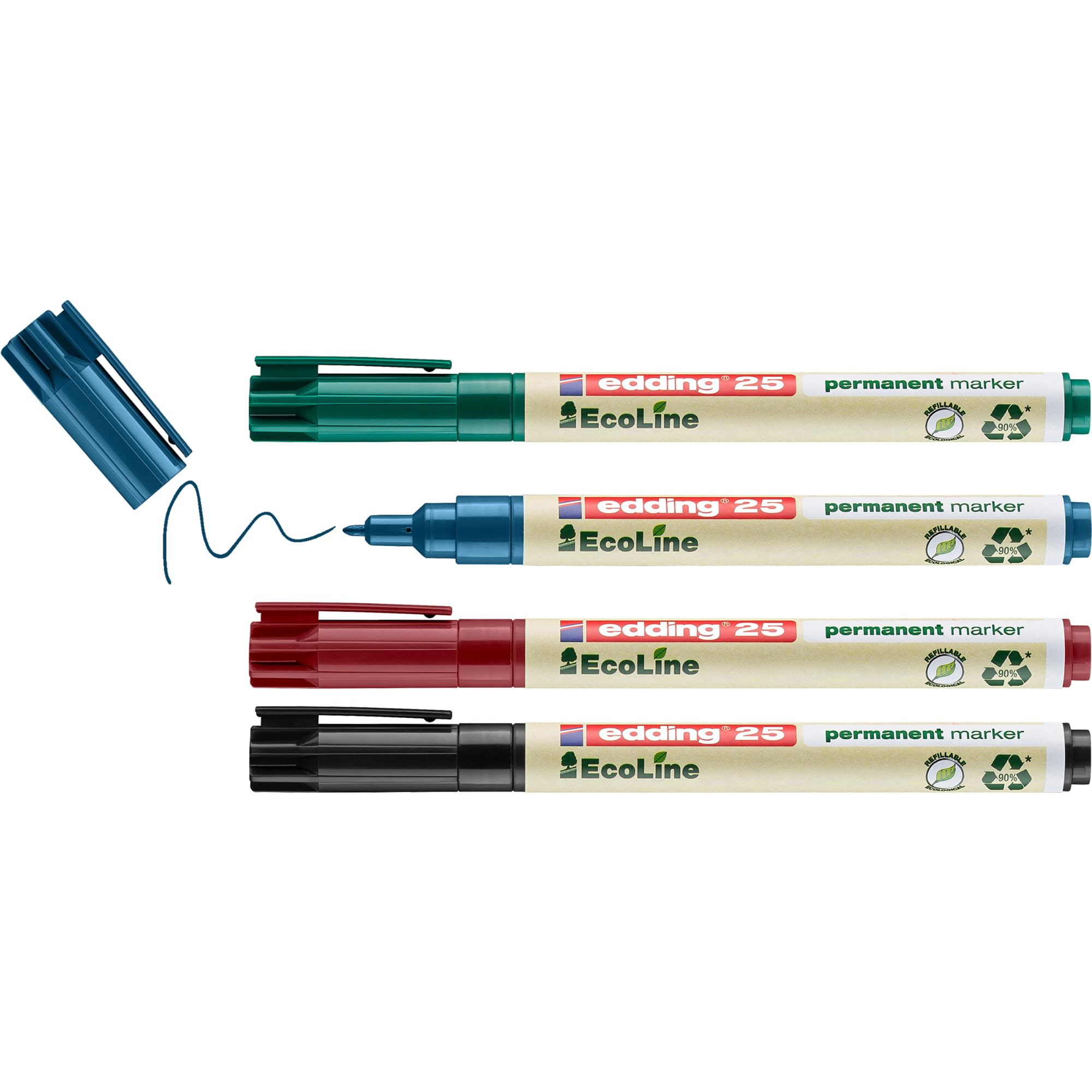 edding 25 EcoLine permanent marker set - black, red, blue, green - 4 pens - round nib 1 mm - waterproof, quick-drying, smear-proof pens - for cardboard, plastic, glass, wood, metal and fabric